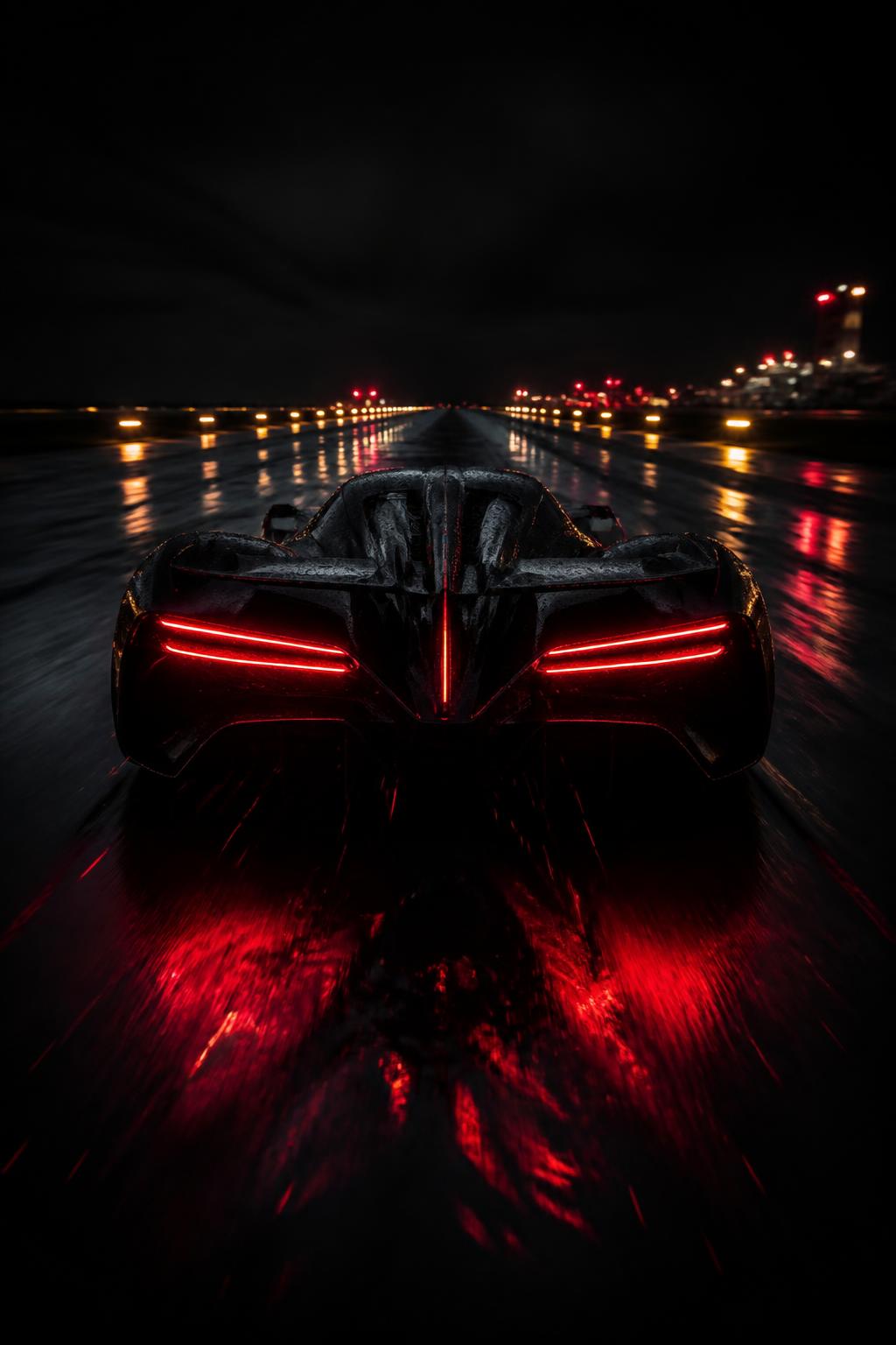 Futuristischer Hypercar bei Nacht auf regennassem Asphalt — Baden Airpark Express liefert am schnellsten